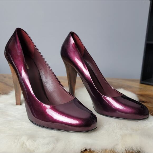 Miu Miu Plum Patent Wood Heel Pumps, Sz EU 38 / US 8 - Picture 5 of 16